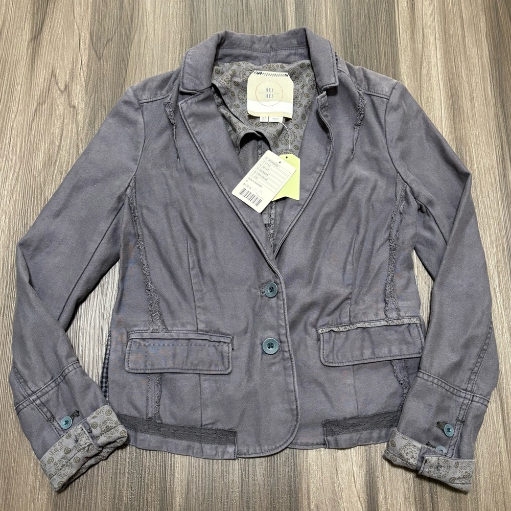 Anthropologie Heihei Blazer Women’s 0 Blue Deconstructed Mixed Media Houndtooth